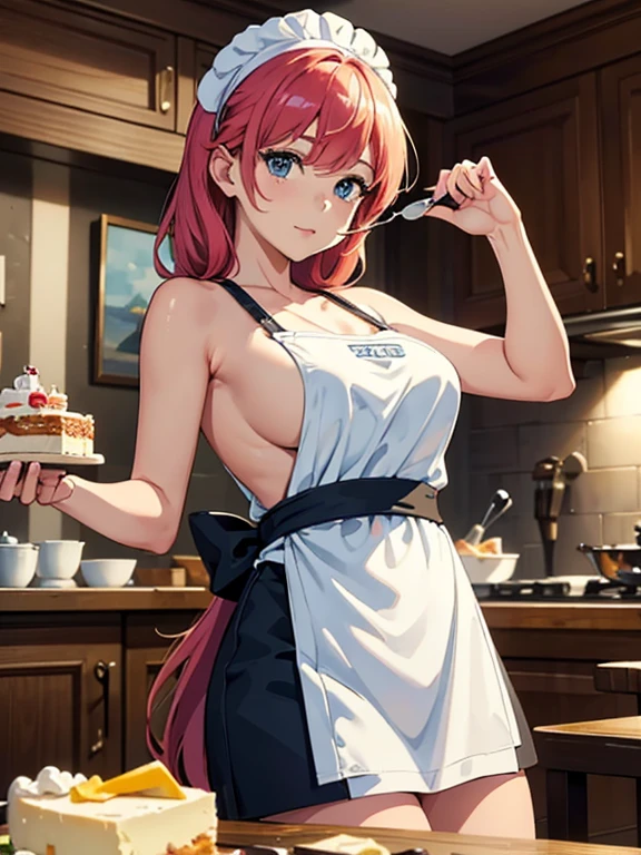 masterpiece, top quality, best quality, ultra-detailed, 8K, 1 girl chef, perfect composition, perfect picture composition, creative poster, decorate cheesecake, cream cheese cake, messy table, realistic, photo, HD, Bright colors , diffused lighting, Contemporary Art, focus on cheese cake, anime, naked apron