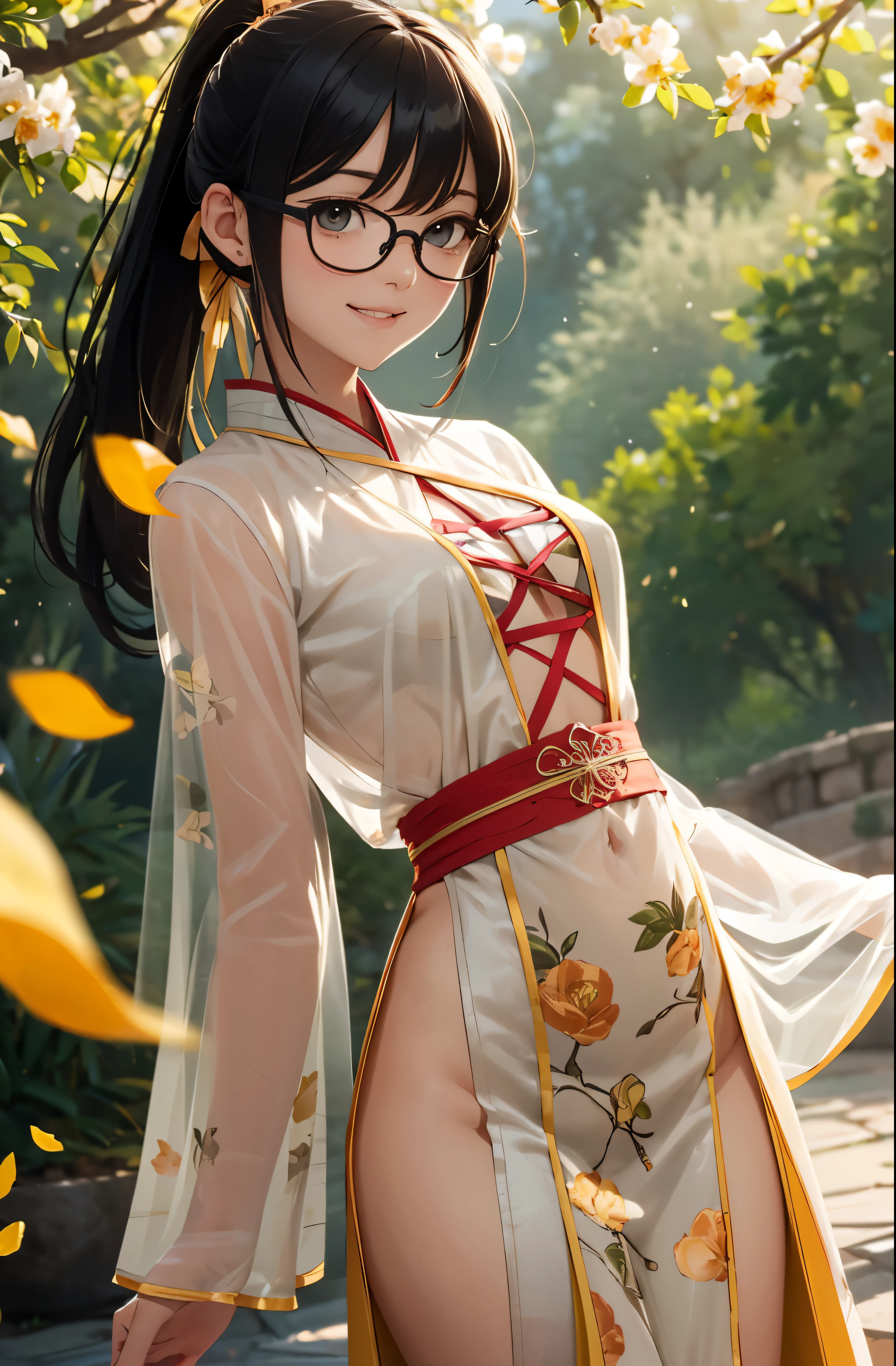 Wide-angle shooting, beautiful girl, black hair in a ponytail, smooth, hair accessories, wear glasses, bright smile, small breasts, Thin waist, (Wear Hanfu ((see through)) with many layers of intricate details (Light yellow)) , Clothes flutter in the wind., seductive dance, The background is an island with only peach trees in bloom., Many peach blossom petals flutter., morning light, anime, High quality