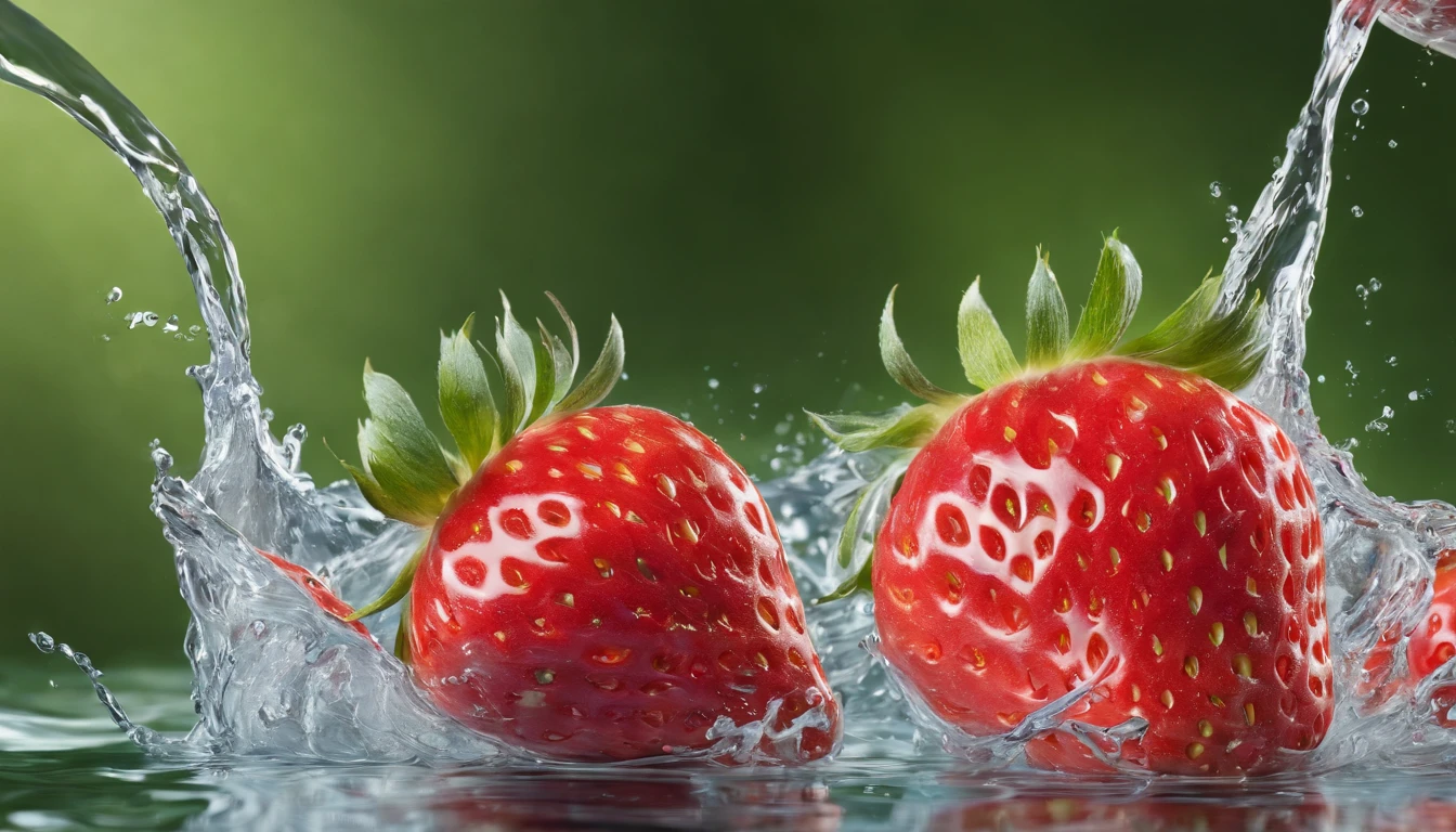 RAW photos，The photos are super realistic，Super real photos，digital SLR，soft light，Product photo of 5 strawberries falling into water、dripping water、Splashing clear liquid、splash，dynamic combination，(main part) (best quality) (detailed) (Cinema lighting) (sharp focus) (complex), main part, best quality, ultra high resolution, 8k ultra high definition