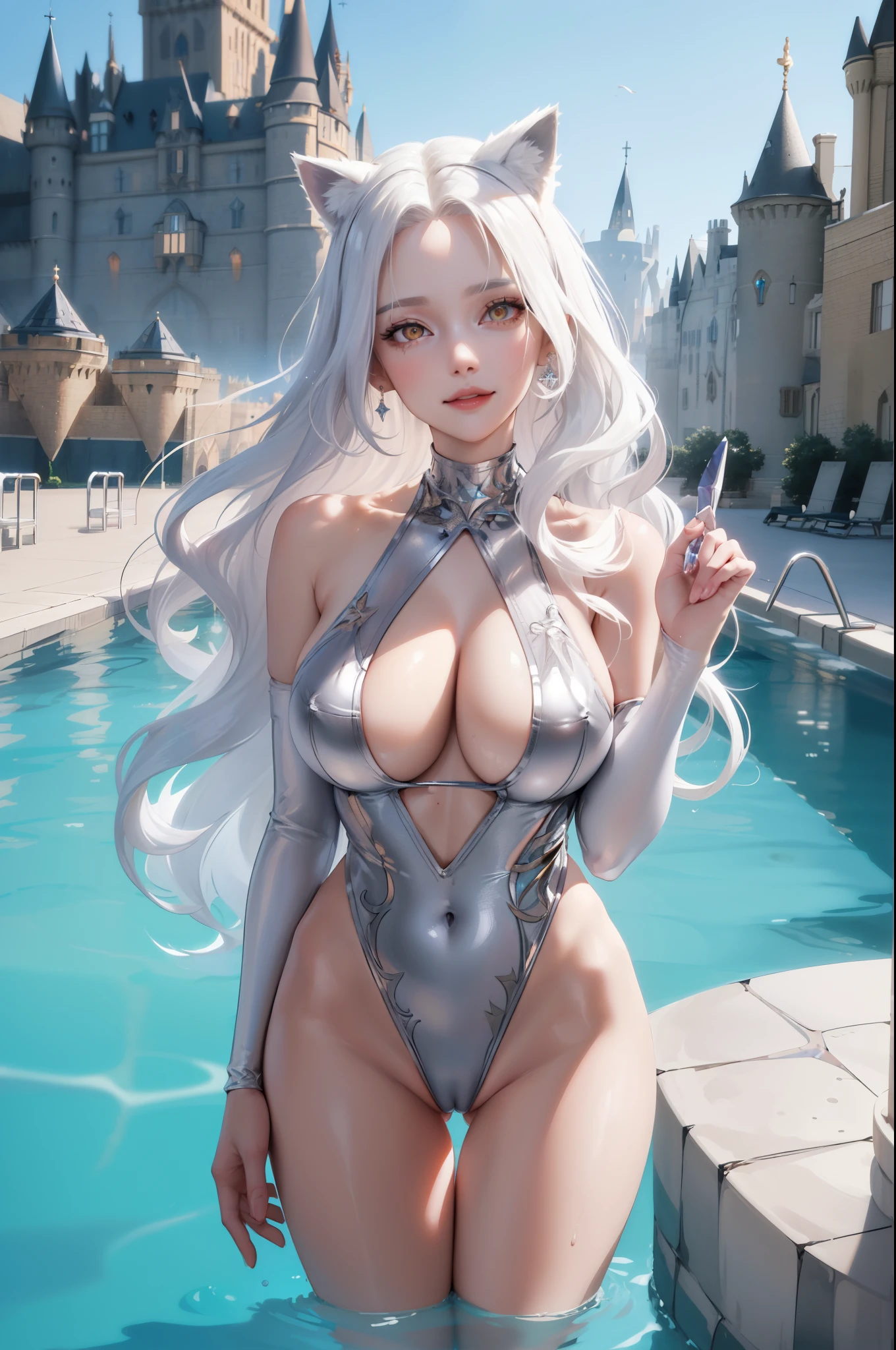 (masterpiece:1.2, best quality), (real picture, intricate details), (1lady, solo), full body, close-up body \, casual, natural fabrics, smile, Top Quality, Masterpiece, Hi-Res, Beautiful Face, photography, High Resolution, 4k, 8k, Asian face, platinum arm sleeve, detailed face, detailed eye, exposed shoulder, (((golden eyes, platinum cat ears, giant breast:1.5, platinum hair:1.5, crystal swimsuit:1.5, long curly hair:1.5, forehead, long locks))), ((platinum hair:1.5, crystal swimsuit:1.5)), ((background castle pool: 1.5)), crystal crown,