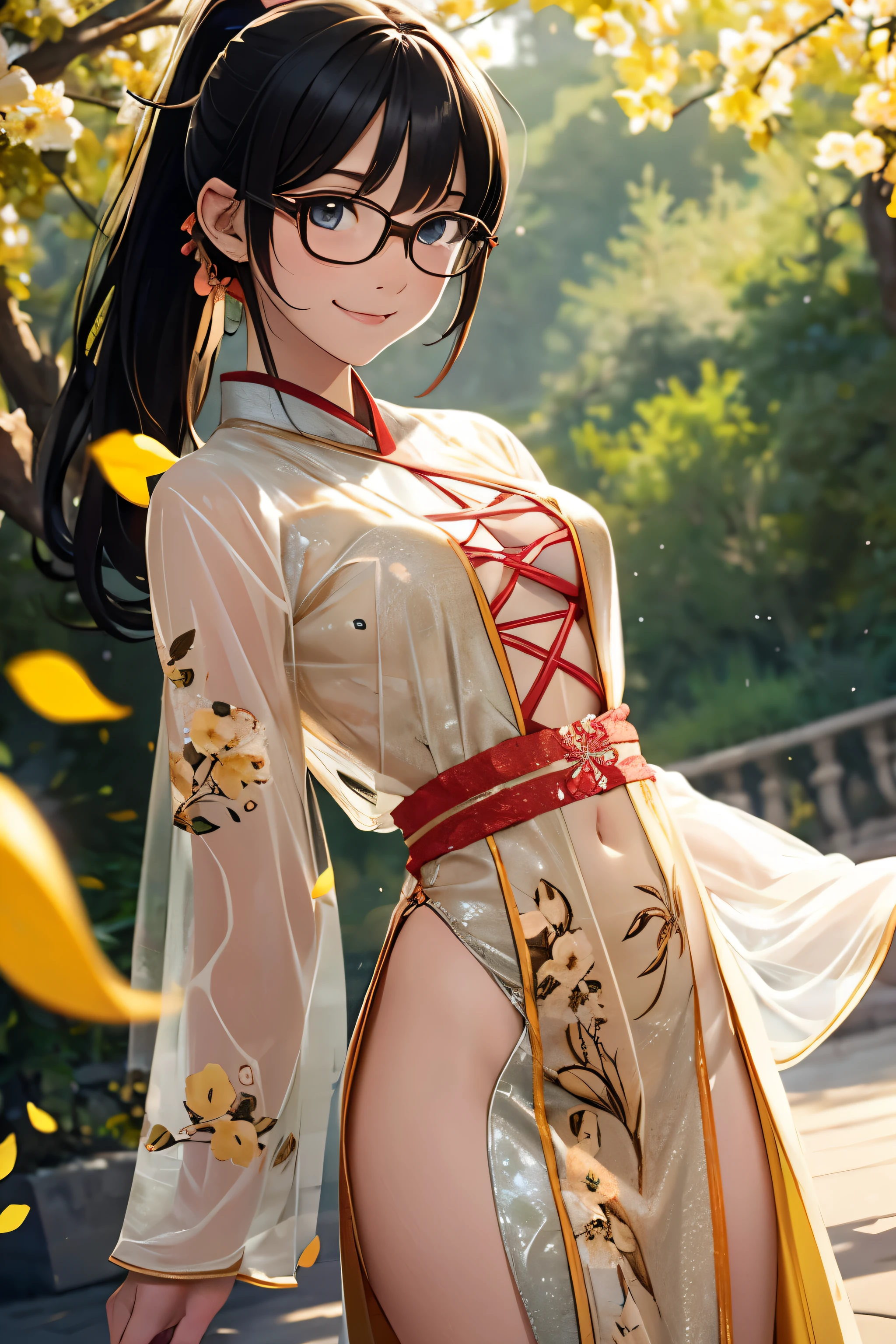 Wide-angle shooting, beautiful girl, black hair in a ponytail, smooth, hair accessories, wear glasses, bright smile, small breasts, Thin waist, (Wear Hanfu ((see through)) with many layers of intricate details (Light yellow)) , Clothes flutter in the wind., seductive dance, The background is an island with only peach trees in bloom., Many peach blossom petals flutter., morning light, anime, High quality