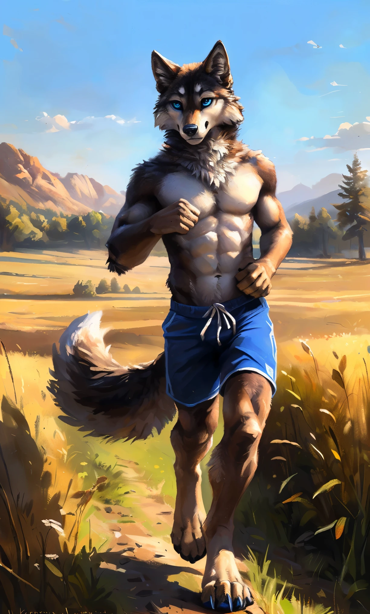 ((Solo)), male people, anthro wolf, (Multi-colored fur, White-brown:1.3,White tail pointed), (Height 2.1m,Tail length 1.2m), ((Wolf face, Big eyes, White eyelids, Blue pupil, Slim:1.2) (Tough, Calm expression:1.2)), Abs, Slim, pinging)), (Correct anatomy), (Work shorts:1.1), The upper body naked, (detailed outfits),A long big tail,Feet,(Realistic fur, Detailed fur texture, labeled:1.3)), (Natural lighting), Photorealistic, Hyperrealistic, ultradetailed, by Kenket,Field,erect through,Running on