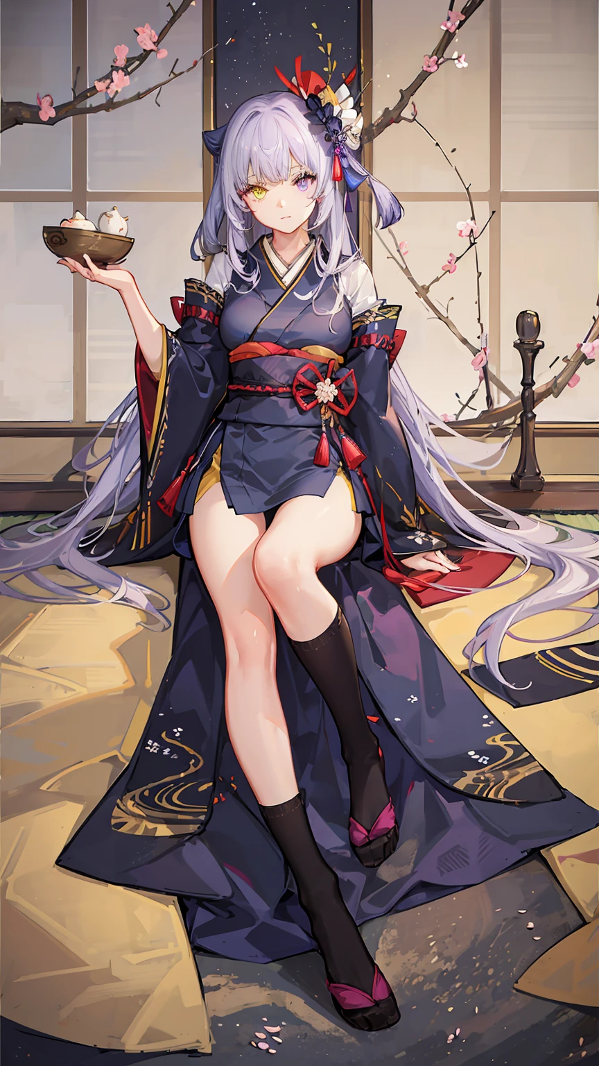 1girl,solo,female photo,Sitting on the floor,nail polish,(heterochromia,purple eye,yellow eye),big breasts,beautiful face, navy long hair,knee high socks,Japanese kimono,mysterious mood,in the Japanese room,best quality, high quality, masterpiece, HD,4K,8K 
