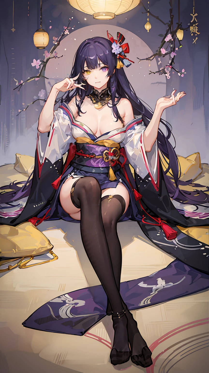1girl,solo,female photo,Sitting on the floor,nail polish,(heterochromia,purple eye,yellow eye),big breasts,beautiful face, navy long hair,knee high socks,Japanese kimono,mysterious mood,in the Japanese room,best quality, high quality, masterpiece, HD,4K,8K