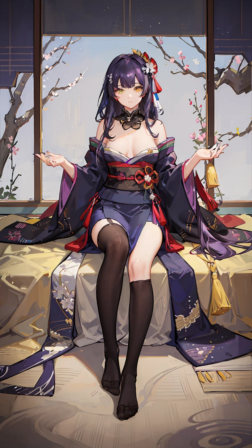 1girl,solo,female photo,Sitting on the floor,nail polish,(heterochromia,purple eye,yellow eye),big breasts,beautiful face, navy long hair,knee high socks,Japanese kimono,mysterious mood,in the Japanese room,best quality, high quality, masterpiece, HD,4K,8K