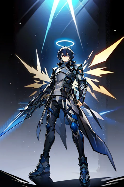 (masterpiece), best quality, solo, arknights design, arknights operator, (black hair, no facial hair), (blue eyes, sharp eyes), chainmail armor, chainmail, grey armor, knight, (sankta, blue glowing halo, blue halo, blue holographic angular shaped wings, blue holographic wings, angular wings, halo), (man, young man, boy, male, tall, lanky, tall man) menacing eyes, intimidating aura, vengeance, menacing glare, menacing stare, spear