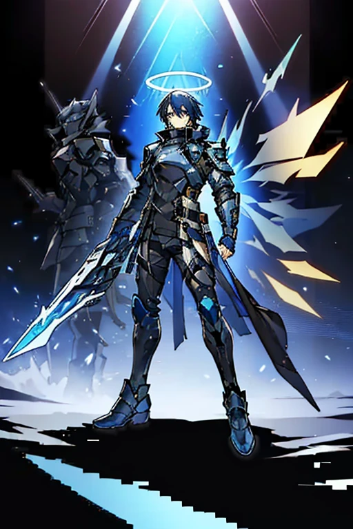 (masterpiece), best quality, solo, arknights design, arknights operator, (black hair, no facial hair), (blue eyes, sharp eyes), chainmail armor, chainmail, grey armor, knight, (sankta, blue glowing halo, blue halo, blue holographic angular shaped wings, blue holographic wings, angular wings, halo), (man, young man, boy, male, tall, lanky, tall man) menacing eyes, intimidating aura, vengeance, menacing glare, menacing stare, spear