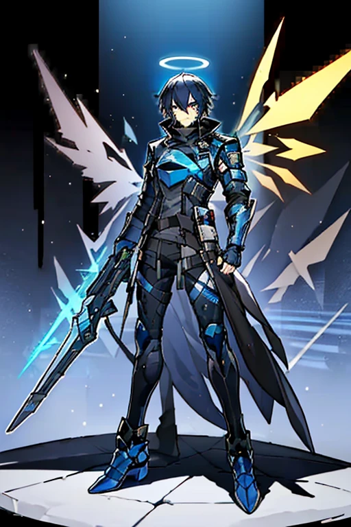 (masterpiece), best quality, solo, arknights design, arknights operator, (black hair, no facial hair), (blue eyes, sharp eyes), chainmail armor, chainmail, grey armor, knight, (sankta, blue glowing halo, blue halo, blue holographic angular shaped wings, blue holographic wings, angular wings, halo), (man, young man, boy, male, tall, lanky, tall man) menacing eyes, intimidating aura, vengeance, menacing glare, menacing stare, spear