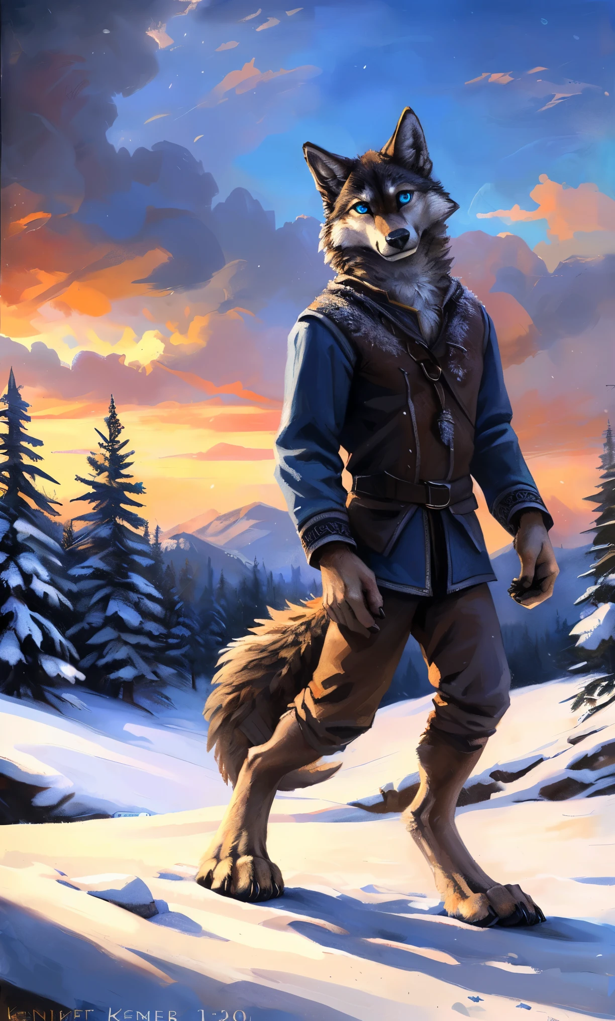((Solo)), male people, anthro wolf, (Multi-colored fur, White-brown:1.3,White tail pointed), (Height 2.1m,Tail length 1.2m), ((Wolf face, Big eyes, White eyelids, Blue pupil, Slim:1.2) (Tough, Calm expression:1.2)), Slim, pinging)), (Correct anatomy), (Winter clothing:1.1), The upper body naked, (detailed outfits),A long big tail,Feet,(Realistic fur, Detailed fur texture, labeled:1.3)), (Natural lighting), Photorealistic, Hyperrealistic, ultradetailed, by Kenket,Snowfield,erect through,Running on