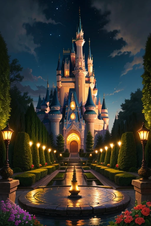 Garden in castle night, highly detailed