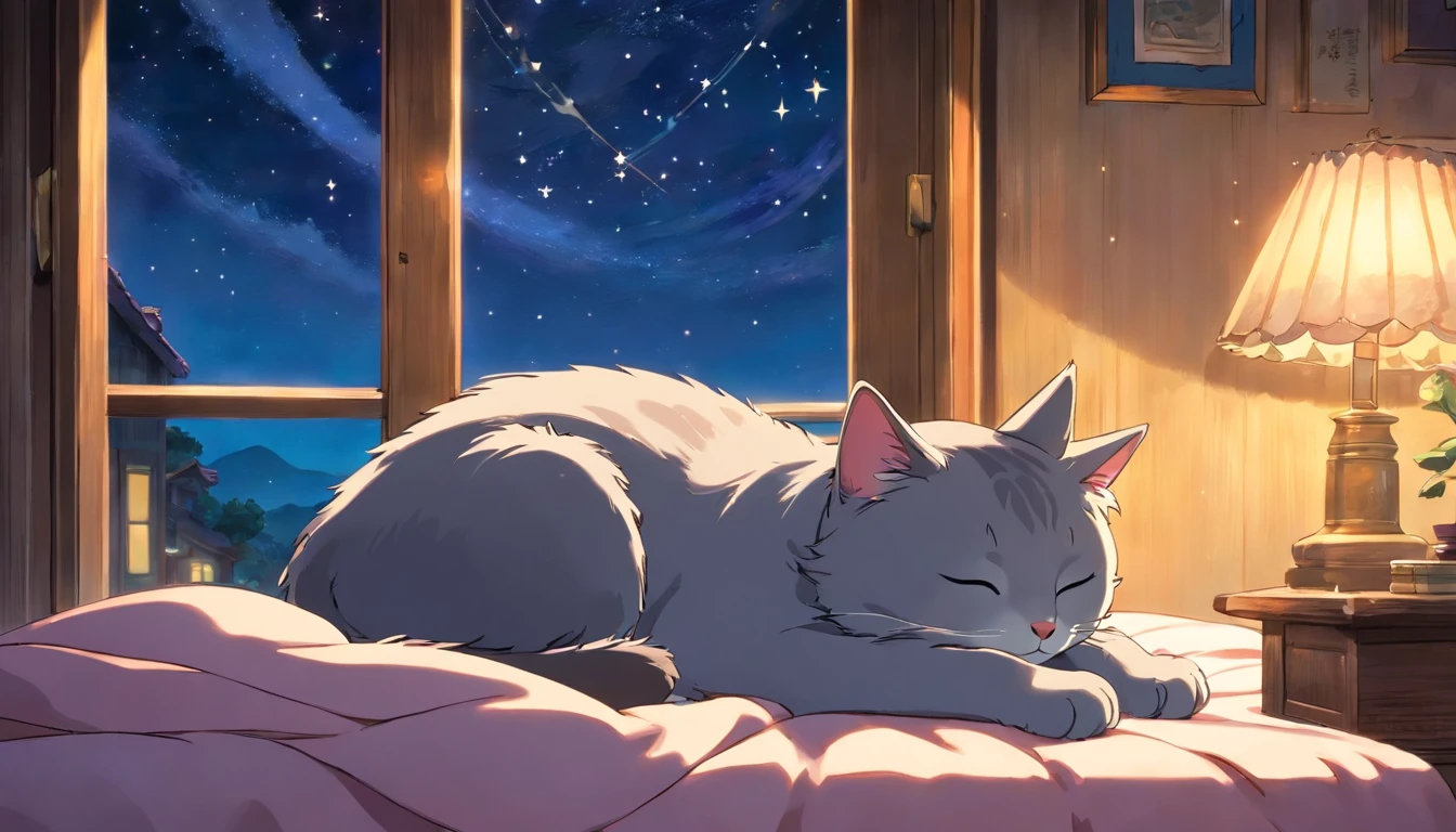 A gray cat, sleeping with closed eyes, on the bed, curled up, the entire body of the cat, window frame, a window revealing the night sky, and stars.