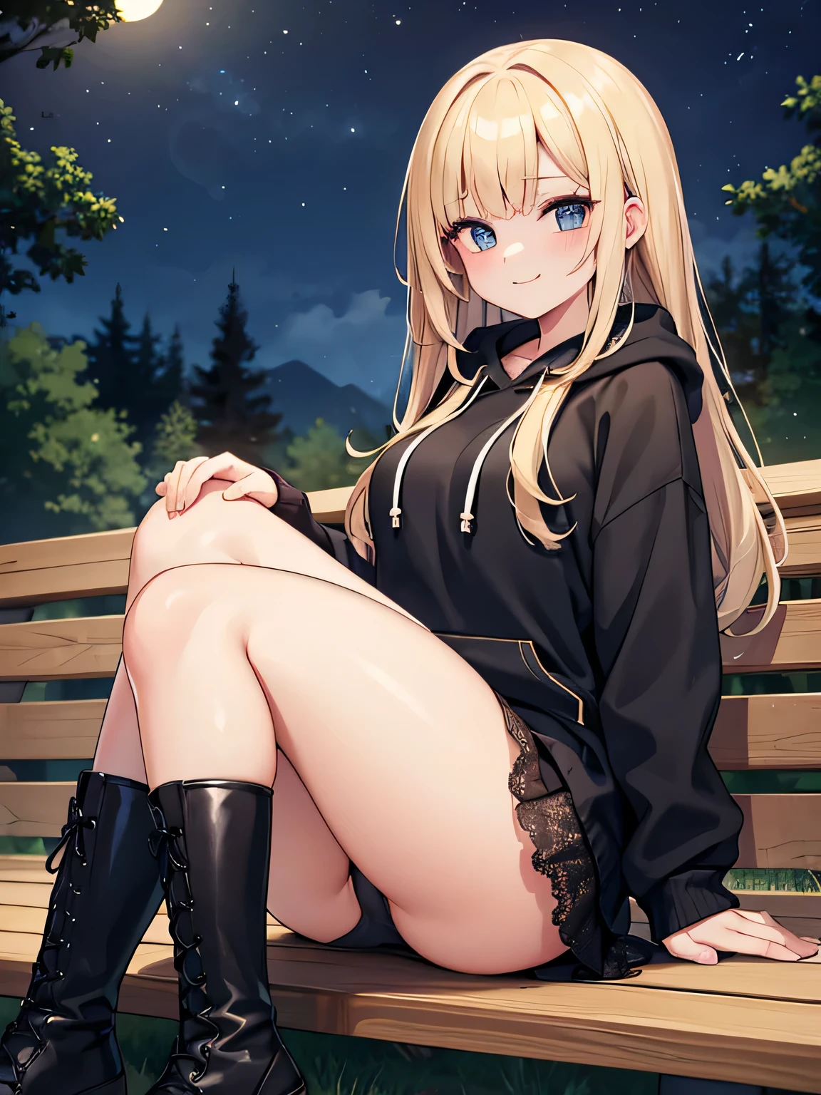 (1) A woman is sitting cross-legged on a bench. her visible panties are black lace.
(2) She&#39;s a gal, -faced but with heavy makeup. she has long blonde hair.
(3) The woman is wearing a brightly colored hoodie, Mini skirt and platform long boots.
(4) The woman&#39;s expression is a smile.
(5) The location is a park bench at night surrounded by a forest..