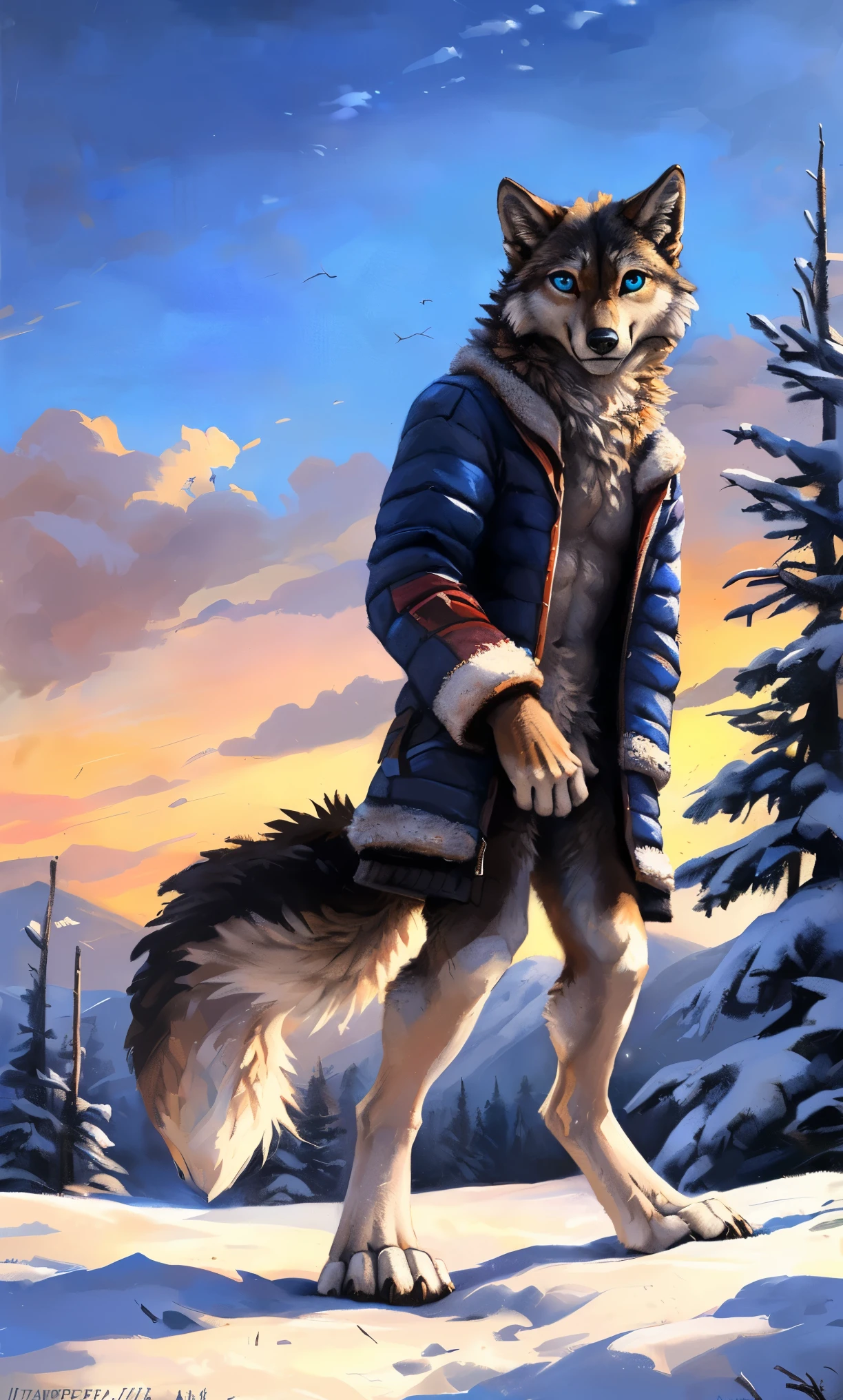 ((Solo)), male people, anthro wolf, (Multi-colored fur, White-brown:1.3，White tail pointed), (Height 2.1m,Tail length 1.2m), ((Wolf face, Big eyes, White eyelids, Blue pupil, Slim:1.2) (Tough, Calm expression:1.2)), Slim, pinging)), (Correct anatomy), (Winter clothing:1.1), The upper body  naked, (detailed outfits),A long big tail，Feet，(Realistic fur, Detailed fur texture, labeled:1.3)), (Natural lighting), Photorealistic, Hyperrealistic, ultradetailed, by Kenket，Snowfield，erect through，Running on