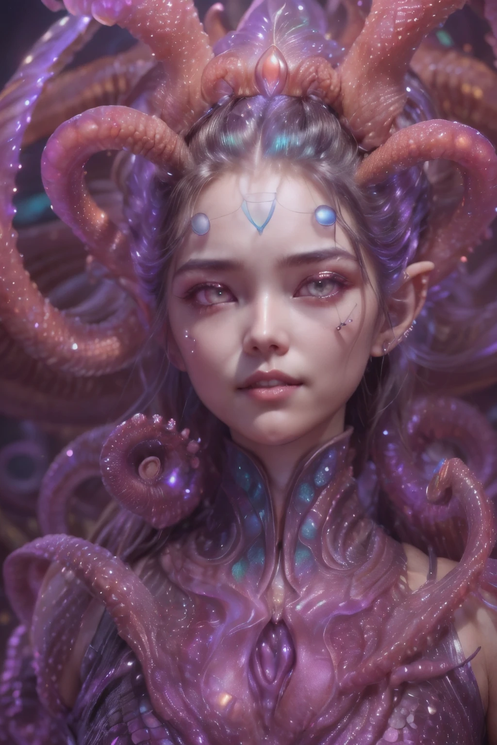 (1 beautiful and obscene female alien:1.4), (There is a female genital-like organ in the middle of her forehead:1.95), She has medusa-like hair, (there are lots of translucent tentacles from her head like her hair:1.5), (vulgarity1.7), (she is looking at viewers with glowing red eyes with no pupils:1.6), (She has translucent pale skin:1.4),(She has the most beautiful face in the history of the universe:1.2), (She has multiple bioluminescent organs on the side of her tentacles:1.4), (Her body is covered with an iridescent exoskeleton:1.4), (She is showing her arm pits:1.6), an evil gaze that seduces, (looking down at viewers:1.4),(Vampire-like long canine teeth can be glimpsed through the gap between the cute lips:1.4) (bio luminescent:1.4), (Smile wickedly:1.3), (sexypose:1.4), alien, No humans, cells are fused, extraterrestrial, cell, bio image, ultra high resolution, (photos realistic:1.7), (Numerous award-winning masterpieces, with incredible detail, textures and maximum detail), Dramatic Lighting, cinematic quality, (exquisite details:1.2), High freshness, drawing faithfully, (Thick eyebrows:1.2), Beautiful eyes with fine symmetry,(Highly detailed face and eyes:1.2),(Super detailed skin quality feeling:1.4), perfect anatomy, (Beautiful toned body:1.5), (Moist skin:1.2), not wearing makeup, (dark circles:1.1), long canines, cinematic drawing of characters, cinematic quality, (exquisite details:1.2), high resolution, High freshness, drawing faithfully, official art, Unity 8K Wall paper, ultra detailed artistic photography, midnight aura, unreal engine 5, Ultra Sharp Focus, art by Amano Yoshitaka, ArtGerm, ultra realistic realism, dream-like, Creation of fantasy, dream Snail, (biopunk nautilus:1.3),Thrilling color schemes, seductively smiling, Amazing mutation, well-proportioned body, goddess of the deep sea, fractal, Geometric pattern, impossible figures, subtle emerald green accents, (expression of ecstasy:1.4)