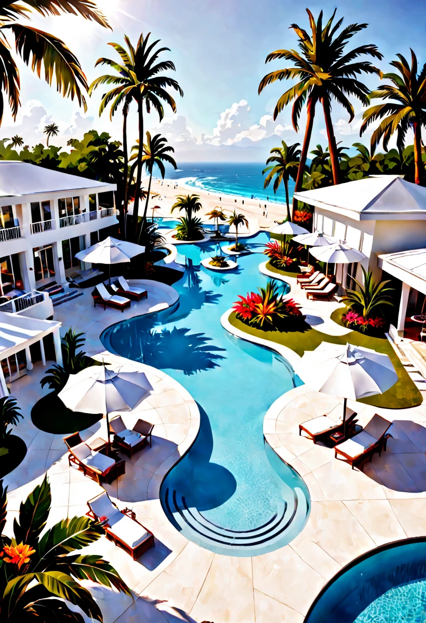 A luxurious poolside lounge area at a 5-star resort. White cabanas, sun umbrellas, lounge chairs. Sparkling pool, palm trees, tropical flowers. Relaxation, luxury, oasis.