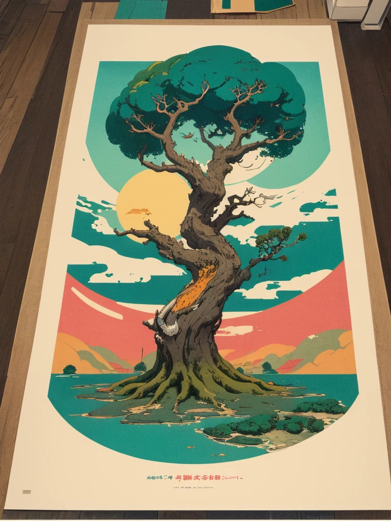 A lovely, detailed, poster illustration, of a spotted Ginger cat, fully stretched out on a tree bough, of an enormous Bonsai tree, fluffy orange tinted clouds, drift across the darkening teal sky, while a big pink circle of sun, continues dropping, like the magical golden hour backdrop, of a vintage Japanese poster, advertising a Bar and Cafe. Worn ink textures, grainy ink roller textures, fine art print, masterpiece of an illustration, a lovely printed piece, reminiscent of the styles of Rene Gruau and Maxfield Parrish, GBH,