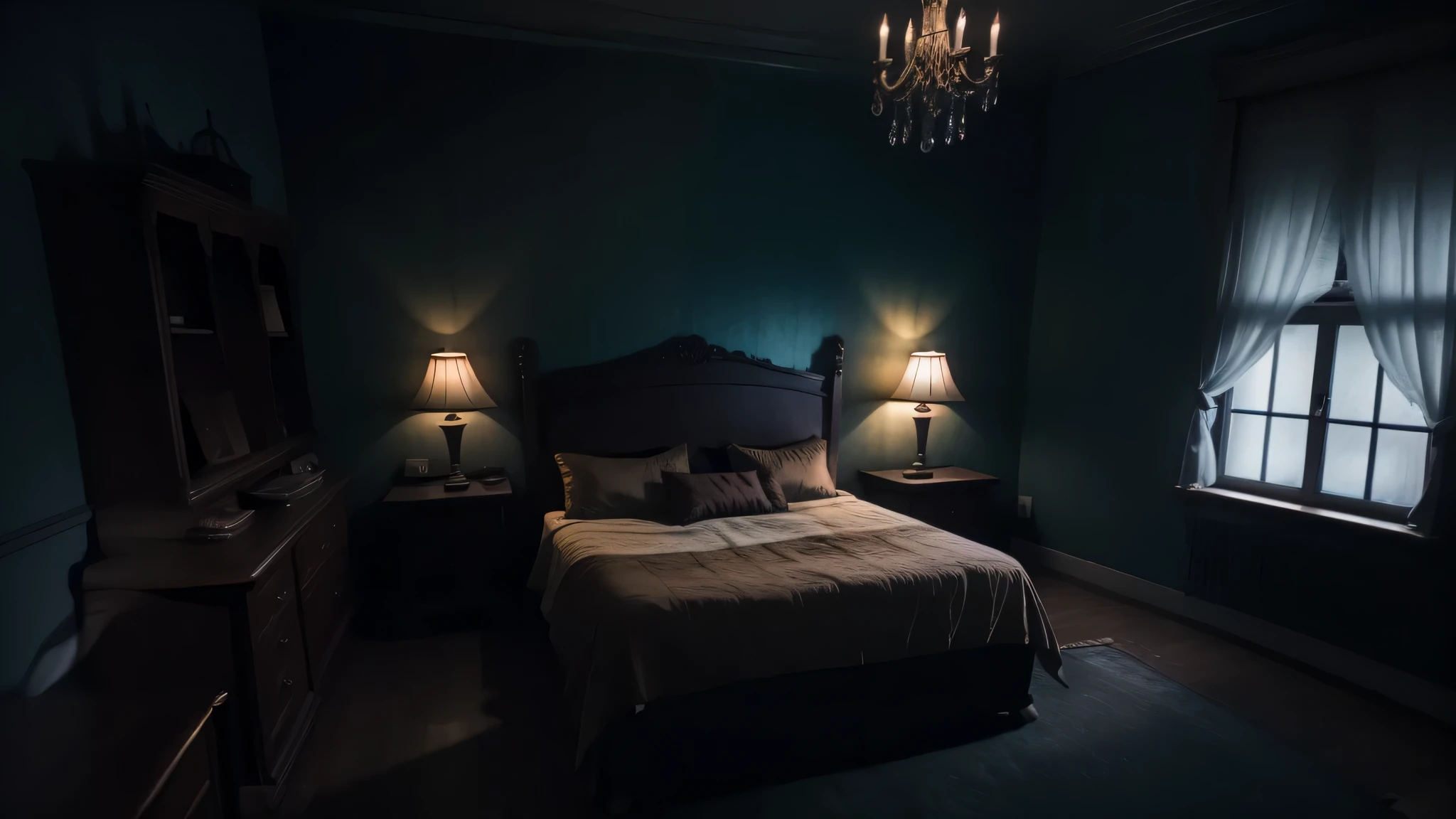 Bedroom, dark light ambiance, main sur la porte