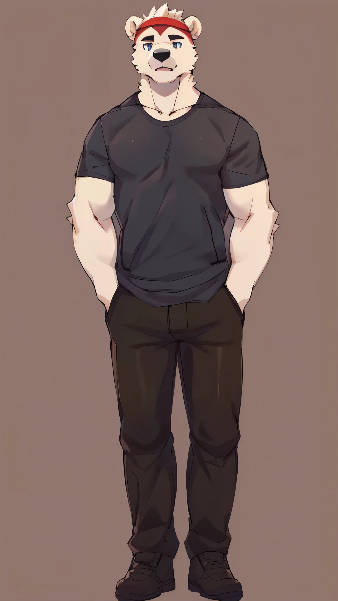 polar bear, muscular, intimidating, big body, male, solo focus, full body, feet, legs, hair, standing, character sheet, short spiky hair, street wear, red headband, grey t-shirt, fully clothed, jacket, facing player, full render, arknights, zenless zero zen, by_merong, by_cham22, by_unit_no04, by_zangusuu