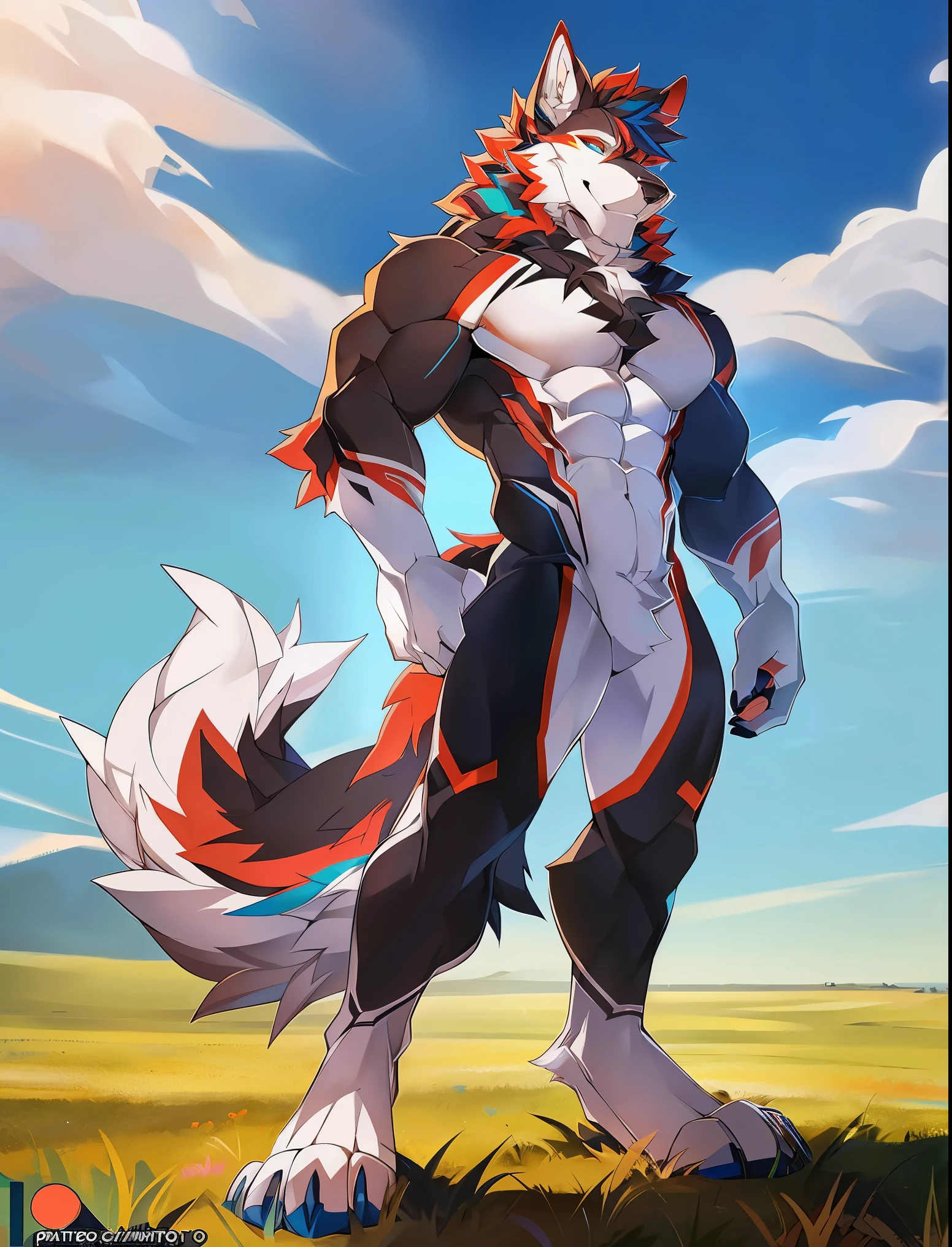 ((Solo)), male people, anthro wolf, (Multi-colored fur, White tail pointed), (Height 2.1 meters,Tail length 1.5m), Abs, pinginuscular, A long big tail, by patto, field