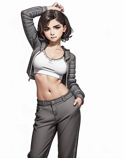 16 year old teenage woman. Morocha. Short stature. Cabello negro con dos colitas. Cuerpo delgado. Buen cuerpo campera recortada. Abdomen desnudo. Hip pants. Pierna gruesas. 