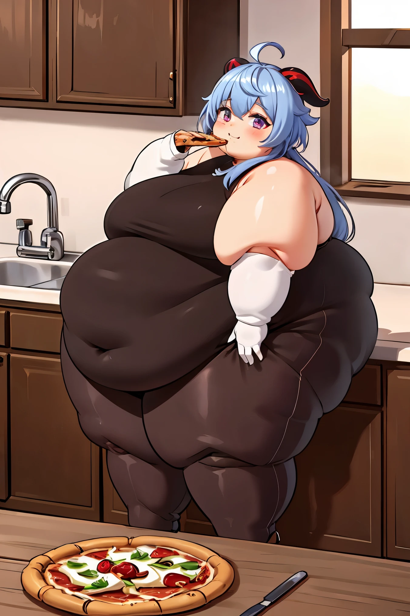 fat body, fat arms, masterpiece, best quality, 1girl, solo, fat belly, thick thighs, long hair, breasts, looking at viewer, big cheeks, cute and fat face, bangs, gloves, bare shoulders, fat neck, medium breasts, cute pose, blue hair, purple eyes, pantyhose, horns, black gloves, high heels, from side, black pantyhose, smile, sideboob, obese ganyu (genshin impact), Fat Ganyu, happy, eating much flower pizza, closed kitchen , sitting and eating, holding pizza with one hand, a lot pizza and food