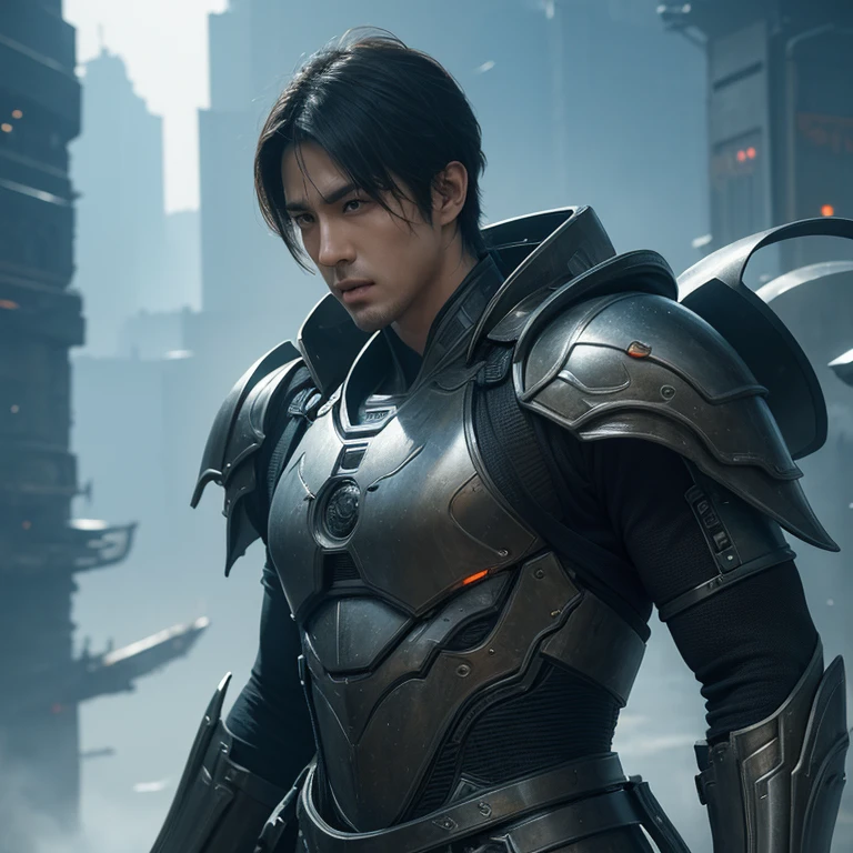 The male protagonist of science fiction and martial arts novels is handsome and has short hair.,Tall, technological battle armor, futuristic city elements, realistic oil painting, close-up