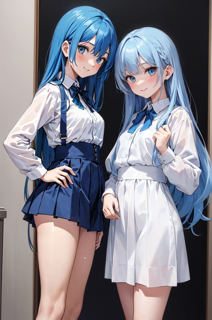 (masterpiece), (best quality), (ultra detailed),(dishevelled hair),(illustration), ((twins sisters, blue hair)(2woman)), long hair, standing, Fashion model ( school uniform clothes), looking at viewer, (interview), (casual school background),beautiful blue eyes, delicate beautiful face, ,(high saturation),(colorful splashes),(shining), blue hair (shining), bangs, best lighting, best shadow. smiling