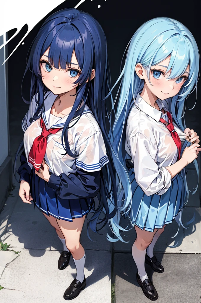 (masterpiece), (best quality), (ultra detailed),(dishevelled hair),(illustration), ((twins sisters, blue hair)(2woman)), long hair, standing, Fashion model ( school uniform clothes), looking at viewer, (interview), (casual school background),beautiful blue eyes, delicate beautiful face, ,(high saturation),(colorful splashes),(shining), blue hair (shining), bangs, best lighting, best shadow. smiling