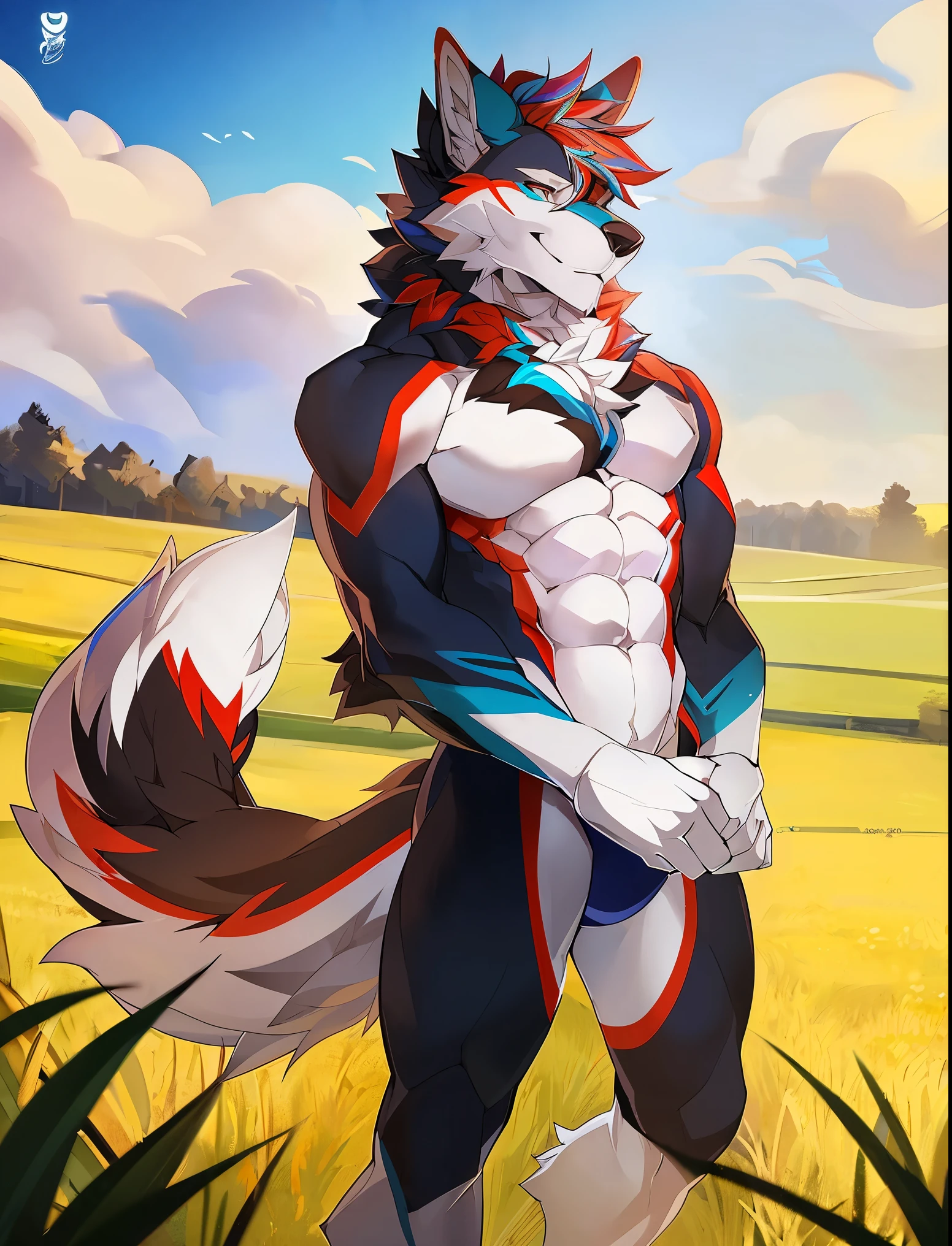 ((Solo)), male people, anthro wolf, (Multi-colored fur, White tail pointed), (Height 2.1 meters,Tail length 1.5m), Abs, pinginuscular, A long big tail, by patto, field
