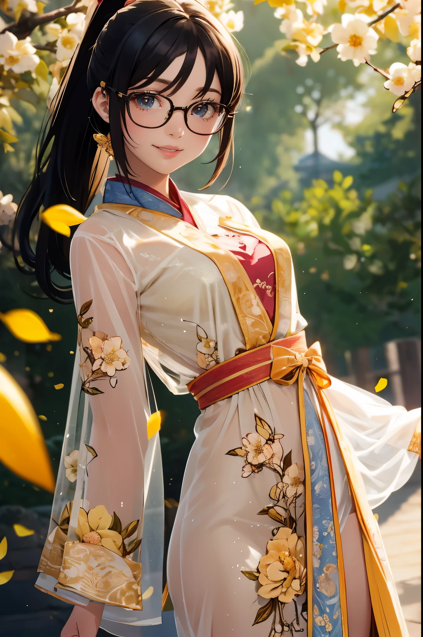 Wide shot, Beautiful girl, black hair in a ponytail, bangs, a hair accessory, wearing glasses, a bright smile, small breasts, a slim waist, (wearing a hanfu ((see-through)) with many layers of intricate details (light yellow)) , Dresses fluttering in the wind, seductive dances, the backdrop is an island with only peach trees in full bloom, many peach petals fluttering, morning light, anime, high quality