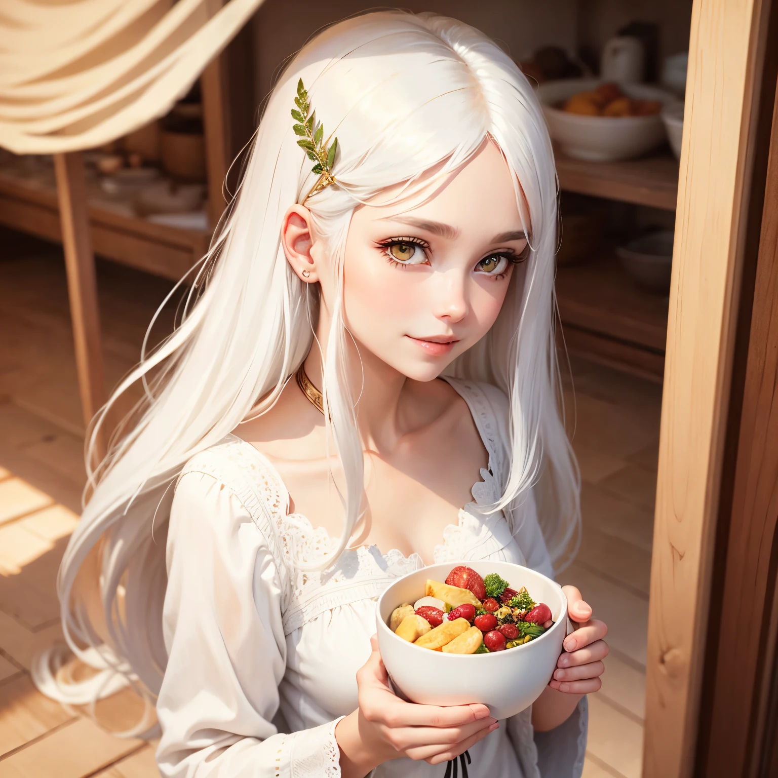 best quality, white hair, gold eyes, white clothes, looking up, upper body, hair strand, Fair skin, smiling, she is eating vegitable