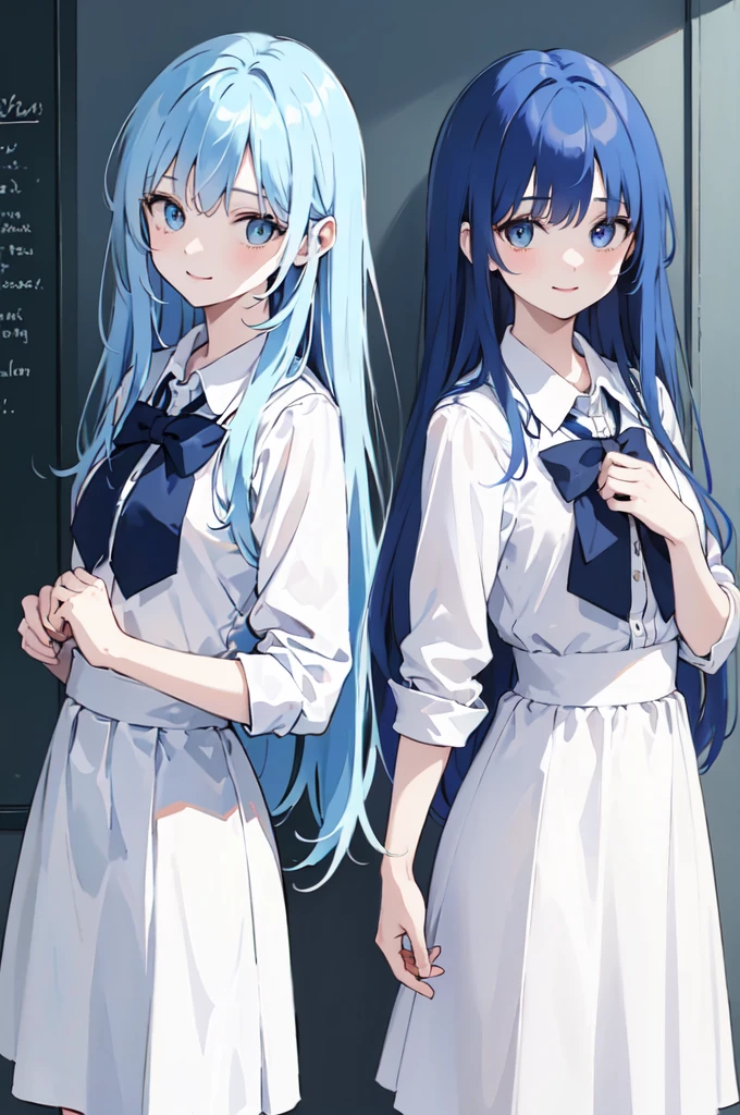 (masterpiece), (best quality), (ultra detailed),(dishevelled hair),(illustration), ((twins sisters, blue hair)(2woman)), long hair, standing, Fashion model ( school uniform clothes), looking at viewer, (interview), (casual school background),beautiful blue eyes, delicate beautiful face, ,(high saturation),(colorful splashes),(shining), blue hair (shining), bangs, best lighting, best shadow. smiling