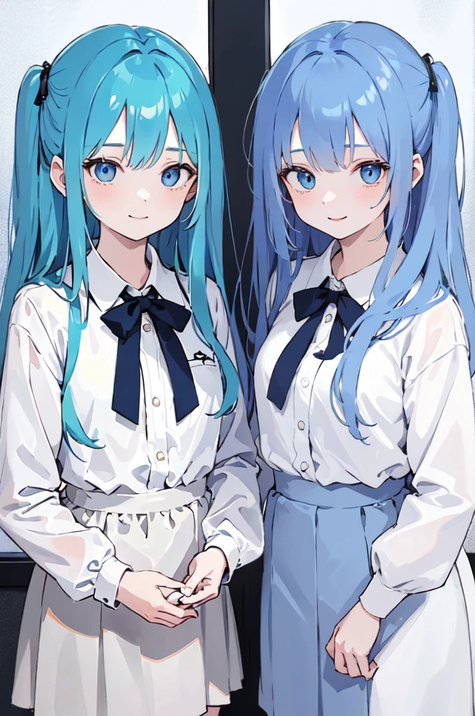 (masterpiece), (best quality), (ultra detailed),(dishevelled hair),(illustration), ((twins sisters, blue hair)(2woman)), long hair, standing, Fashion model ( school uniform clothes), looking at viewer, (interview), (casual school background),beautiful blue eyes, delicate beautiful face, ,(high saturation),(colorful splashes),(shining), blue hair (shining), bangs, best lighting, best shadow. smiling