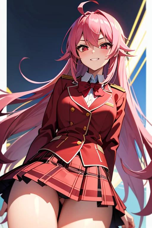 masterpiece, best quality, ultra detailed, 1girl, 17 years old, tall, pink hair, long hair, ahoge, deep red eyes, slanted eyes, high school student, school uniform, army uniform, red clothes, blazer, plaid skirt, open collar, fearless grin, from below