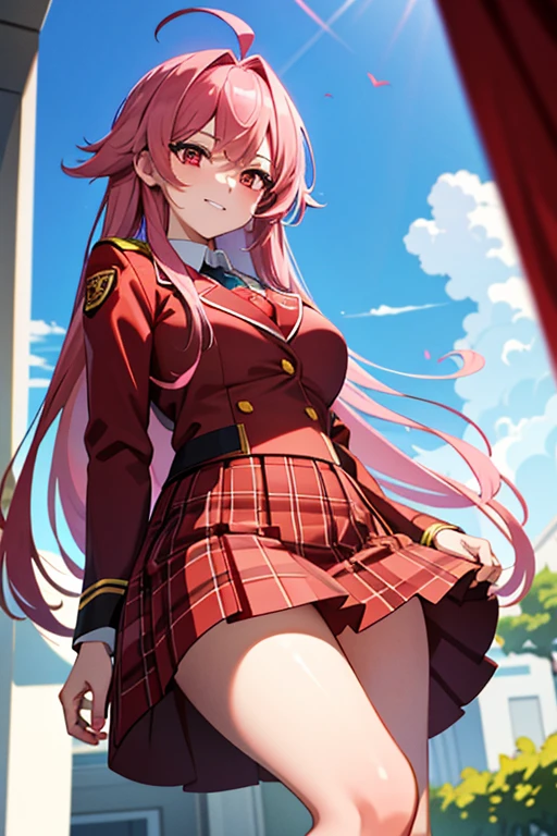 masterpiece, best quality, ultra detailed, 1girl, 17 years old, tall, pink hair, long hair, ahoge, deep red eyes, slanted eyes, high school student, school uniform, army uniform, red clothes, blazer, plaid skirt, open collar, fearless grin, from below