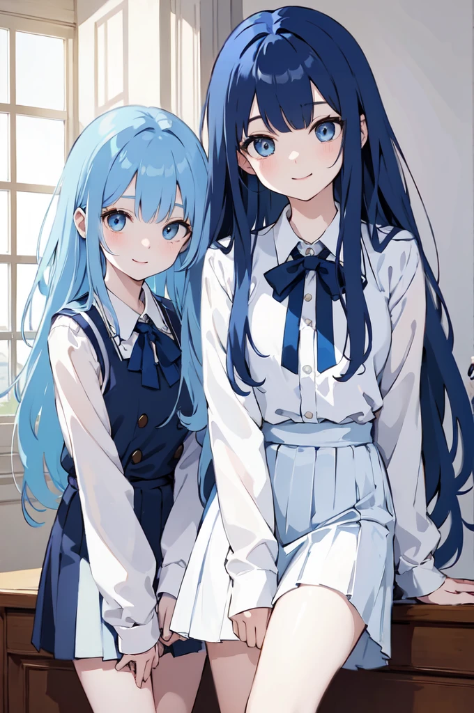 (masterpiece), (best quality), (ultra detailed),(dishevelled hair),(illustration), ((twins sisters, blue hair)(2woman)), long hair, standing, Fashion model ( school uniform clothes), looking at viewer, (interview), (casual school background),beautiful blue eyes, delicate beautiful face, ,(high saturation),(colorful splashes),(shining), blue hair (shining), bangs, best lighting, best shadow. smiling