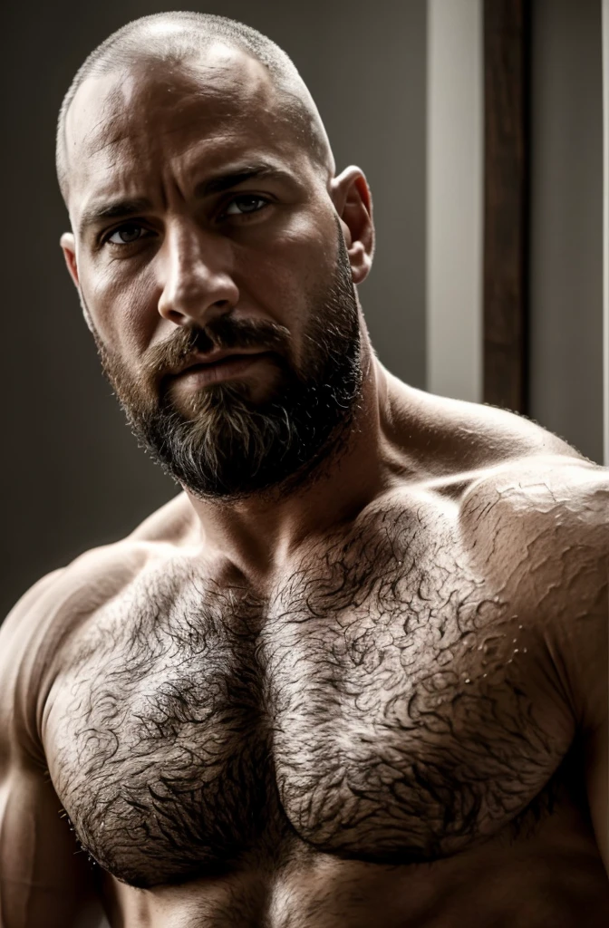 A muscular 40-year-old man portrait, wearing a white T-shirt and being naked, provocative, (best quality, 4k, highres, masterpiece:1.2), ultra-detailed, (realistic, photorealistic:1.37), strong body structure, defined muscles, intense gaze, rugged features, sculpted abs, dramatic lighting, seductive pose, vibrant colors, hiperrealism, 8k, bearded, Masculine.