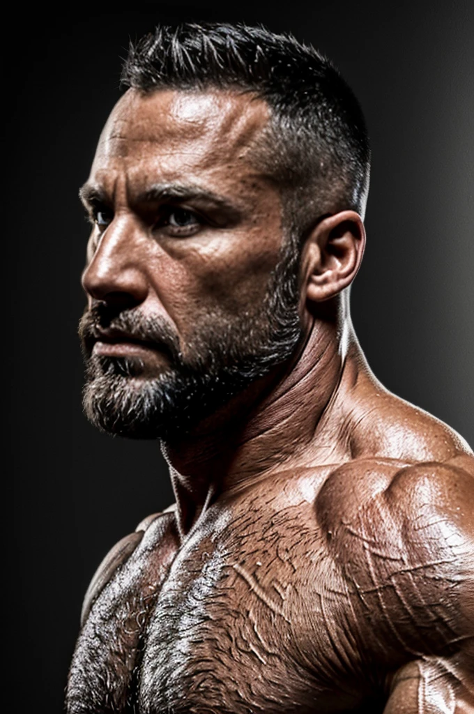 (best quality,realistic:1.2),muscular 40-year-old man, detailed physique,nude, strong presence, masculine features, defined muscles, chiseled face, powerful gaze, intense expression, realistic skin texture, dramatic lighting, dynamic pose, professional portrait, high resolution, lifelike rendering, vivid colors