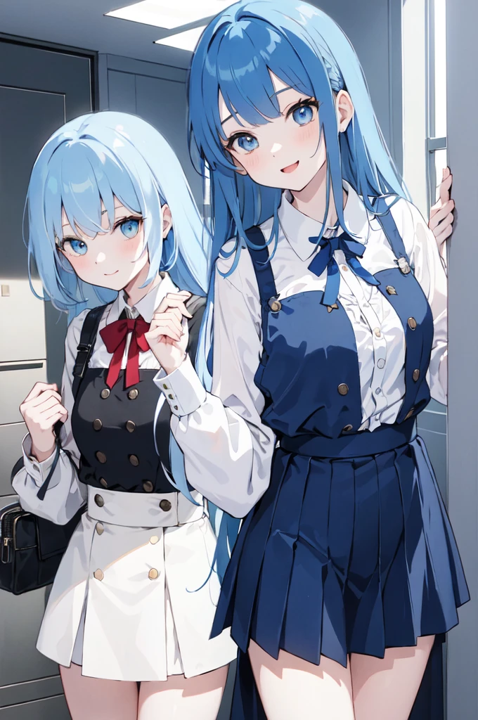 (masterpiece), (best quality), (ultra detailed),(dishevelled hair),(illustration), ((twins sisters, blue hair)(2woman)), long hair, standing, Fashion model ( school uniform clothes), looking at viewer, (interview), (casual school background),beautiful blue eyes, delicate beautiful face, ,(high saturation),(colorful splashes),(shining), blue hair (shining), bangs, best lighting, best shadow. smiling. big breast