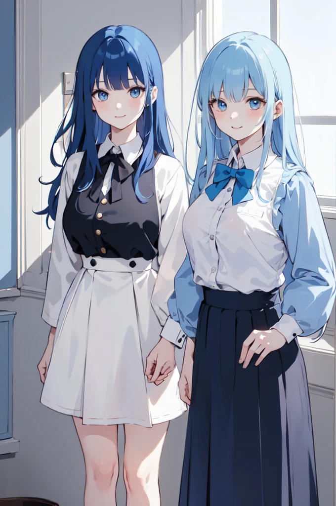 (masterpiece), (best quality), (ultra detailed),(dishevelled hair),(illustration), ((twins sisters, blue hair)(2woman)), long hair, standing, Fashion model ( school uniform clothes), looking at viewer, (interview), (casual school background),beautiful blue eyes, delicate beautiful face, ,(high saturation),(colorful splashes),(shining), blue hair (shining), bangs, best lighting, best shadow. smiling. big breast