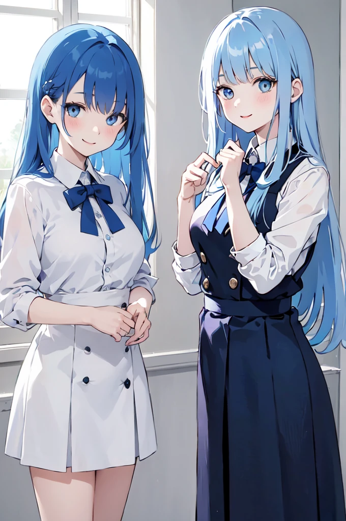 (masterpiece), (best quality), (ultra detailed),(dishevelled hair),(illustration), ((twins sisters, blue hair)(2woman)), long hair, standing, Fashion model ( school uniform clothes), looking at viewer, (interview), (casual school background),beautiful blue eyes, delicate beautiful face, ,(high saturation),(colorful splashes),(shining), blue hair (shining), bangs, best lighting, best shadow. smiling. big breast