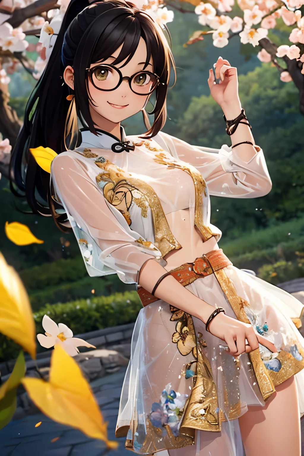 Wide shot, Beautiful girl, black hair in a ponytail, bangs, a hair accessory, wearing glasses, a bright smile, small breasts, a slim waist, (wearing a hanfu ((see-through)) with many layers of intricate details (light yellow)) , Dresses fluttering in the wind, seductive dances, the backdrop is an island with only peach trees in full bloom, many peach petals fluttering, morning light, anime, high quality