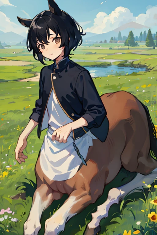 centaur men、delicate、、、Short black hair、naked、facing forward、The upper body is centered in the photo、opened mouth、grassland、walk、perspective close to the face