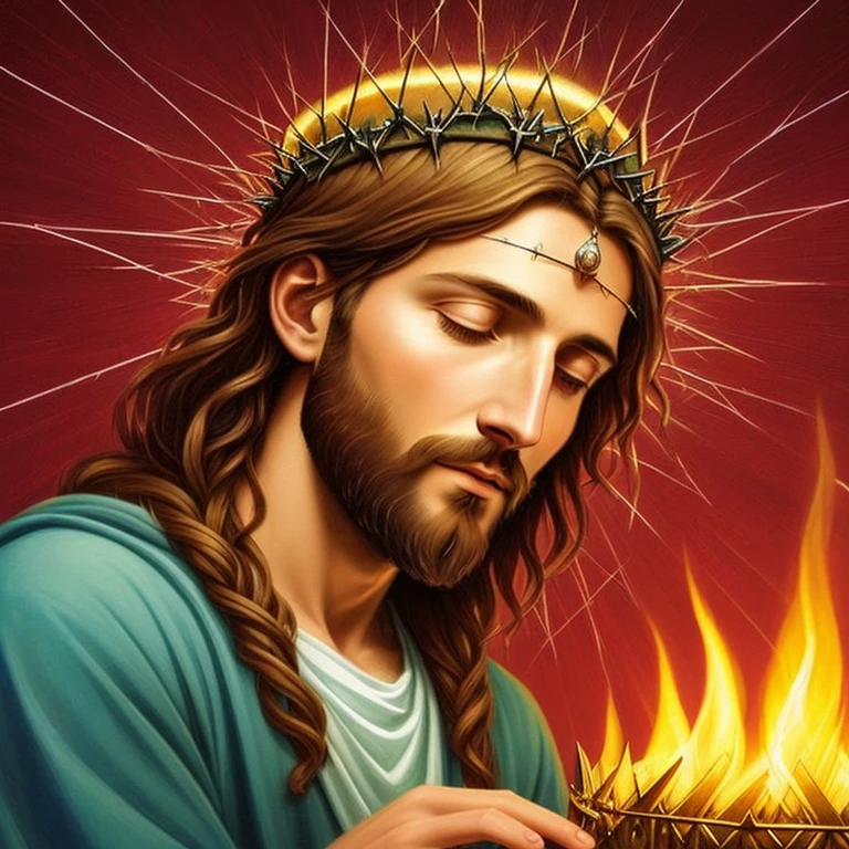 A painting of Jesus with a serene expression, deeply engrossed in reading a holy book, (the Bible: 1.1), (artistic interpretation: 1.4), (an illustration of the sacred fire spell: 1.3), The Lord and Savior, Jesus Christ, (his mind contemplating eternity: 1.2), (a beautiful representation of the concept of divine wisdom: 1.1), sacred images, conceptual art of god, (rays of holy, holy light emanating from within: 1.3), a bright and radiant halo above his head, (intricately detailed crown of thorns: 1.1), a masterpiece