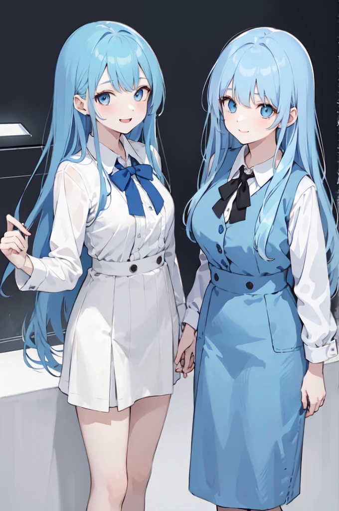 (masterpiece), (best quality), (ultra detailed),(dishevelled hair),(illustration), ((twins sisters, blue hair)(2woman)), long hair, standing, Fashion model ( school uniform clothes), looking at viewer, (interview), (casual school background),beautiful blue eyes, delicate beautiful face, ,(high saturation),(colorful splashes),(shining), blue hair (shining), bangs, best lighting, best shadow. smiling. big breast