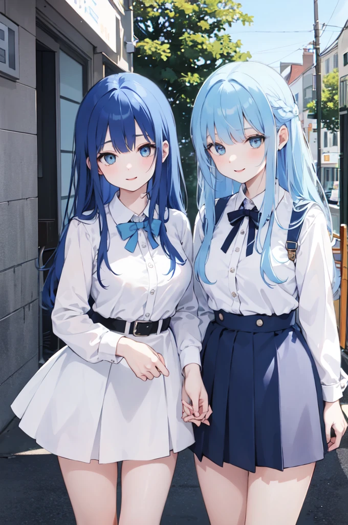 (masterpiece), (best quality), (ultra detailed),(dishevelled hair),(illustration), ((twins sisters, blue hair)(2woman)), long hair, standing, Fashion model ( school uniform clothes), looking at viewer, (interview), (casual school background),beautiful blue eyes, delicate beautiful face, ,(high saturation),(colorful splashes),(shining), blue hair (shining), bangs, best lighting, best shadow. smiling. big breast