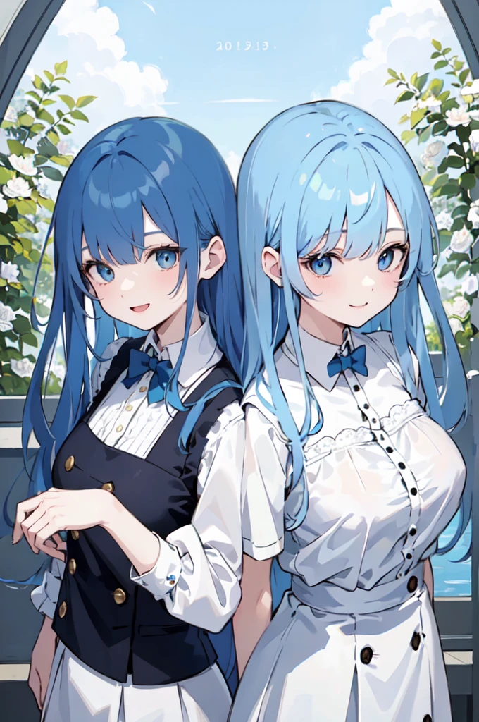 (masterpiece), (best quality), (ultra detailed),(dishevelled hair),(illustration), ((twins sisters, blue hair)(2woman)), long hair, standing, Fashion model ( school uniform clothes), looking at viewer, (interview), (casual school background),beautiful blue eyes, delicate beautiful face, ,(high saturation),(colorful splashes),(shining), blue hair (shining), bangs, best lighting, best shadow. smiling. big breast