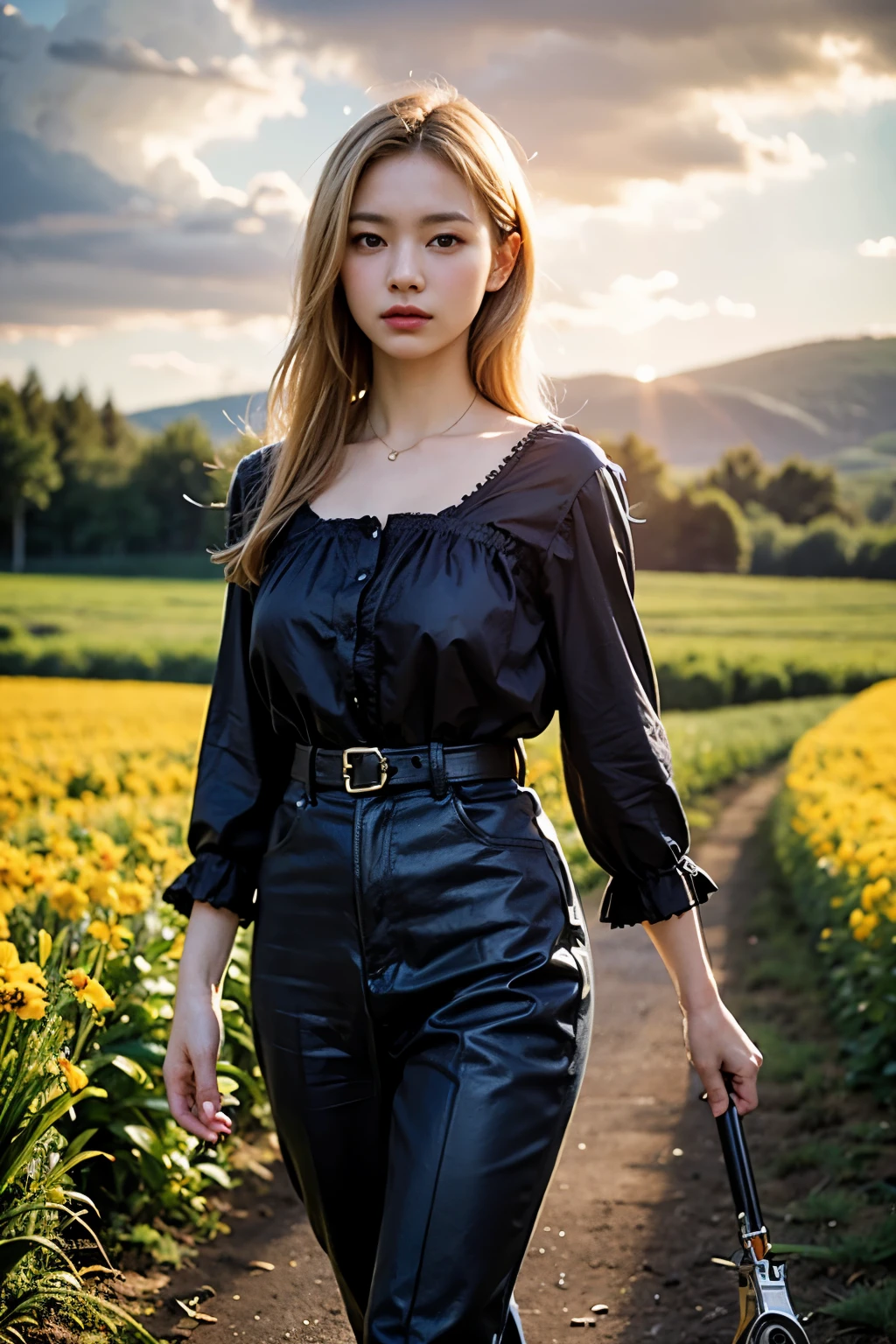 (realistic:1.3), finely detailed, quality, rembrandt lighting, (masterpiece:1.2), (photorealistic:1.2), (best quality), (detailed skin:1.3), (intricate details), dramatic, ray tracing, 1girl, american white girl, blonde hair, 21 years old, medium breasts, (Meadow, Sun, Clouds, Field, Farming, Starlight, Walking trail)