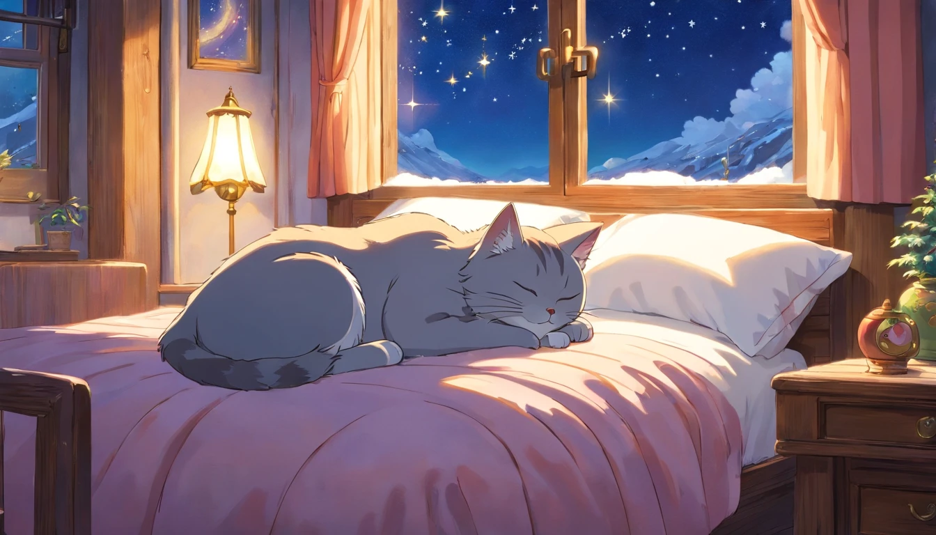 Bedroom, bed, gray cat on the bed, cat sleeping with closed eyes, curled up, the entire body of the cat, window frame, a window with a view of the sky, stars, snow, and a blizzard.