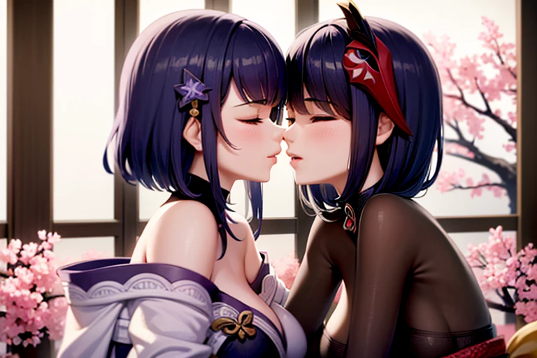 (masterpiece, best quality), 2girls, kissing, kiss, yuri, hugging each other, (upper body:1.3), closed eyes, (naked:1.2), standing, window, cherry blossoms background, sakura, windy, blush, embarrassed, BREAK kujousaradef, kujousararnd, BREAK raidenshogundef, raidenshogunrnd,